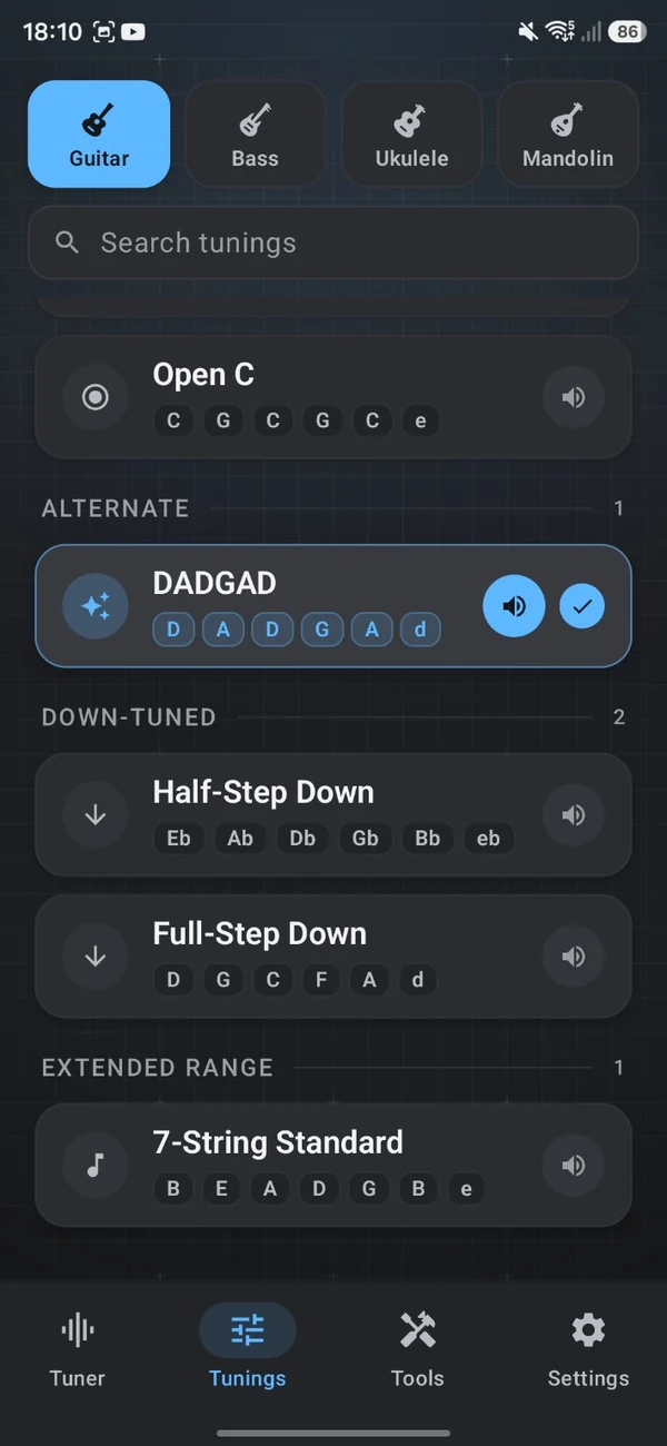 TuneForge alternate guitar tunings, including Open C, DADGAD, Half-Step Down, Full-Step Down and 7-String Standard