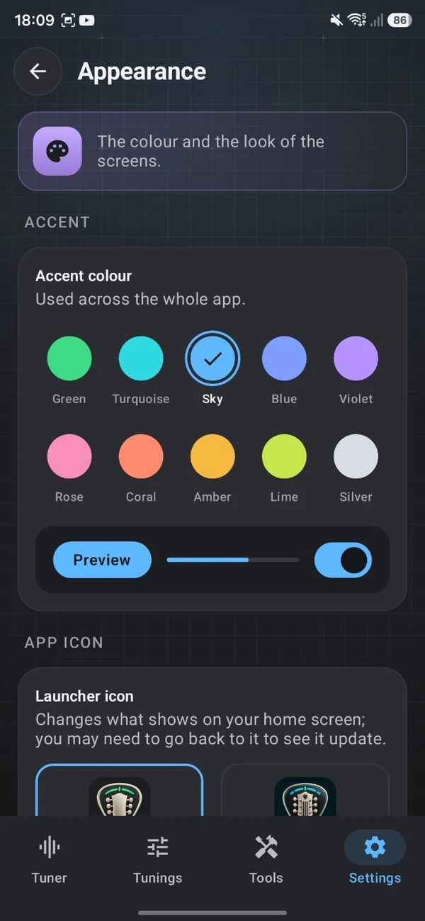 TuneForge appearance settings with ten accent colours to choose from and launcher icon options