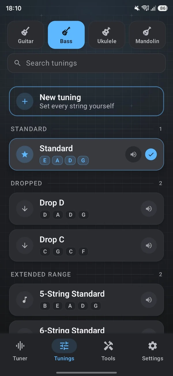TuneForge bass tunings, including Standard, Drop D, Drop C and 5-String Standard