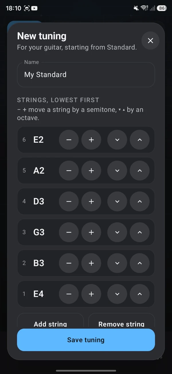 Creating a custom tuning in TuneForge, with controls to move each string by a semitone or an octave