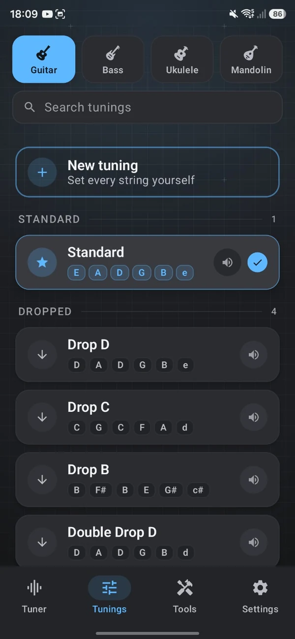 TuneForge guitar tuning library with Standard selected, and Drop D, Drop C, Drop B and Double Drop D below