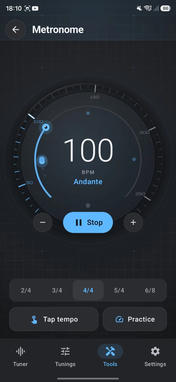 TuneForge metronome at 100 BPM, Andante, in 4/4 time, with tap tempo and practice controls